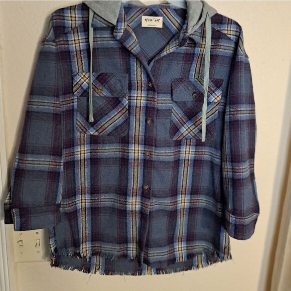 New IN purple plaid button down hoodie jacket - Picture 1 of 6